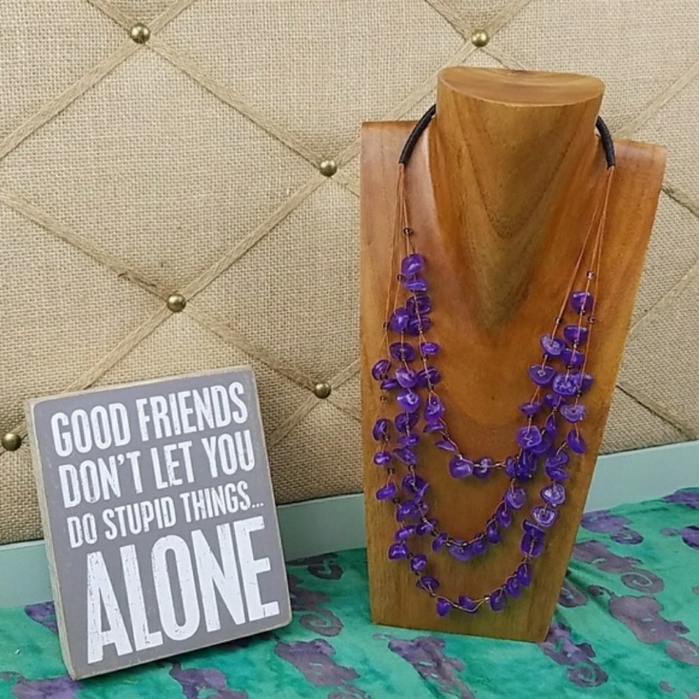 Purple Tiered Statement Necklace Layered Beads Preppy Boho Vacation Colorful